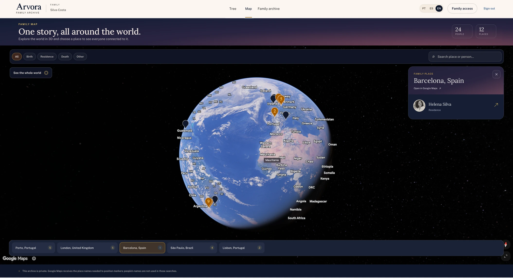 Edited preview of Arvora’s globe, with fictional Helena Silva in a Barcelona side panel and places marked around the world.