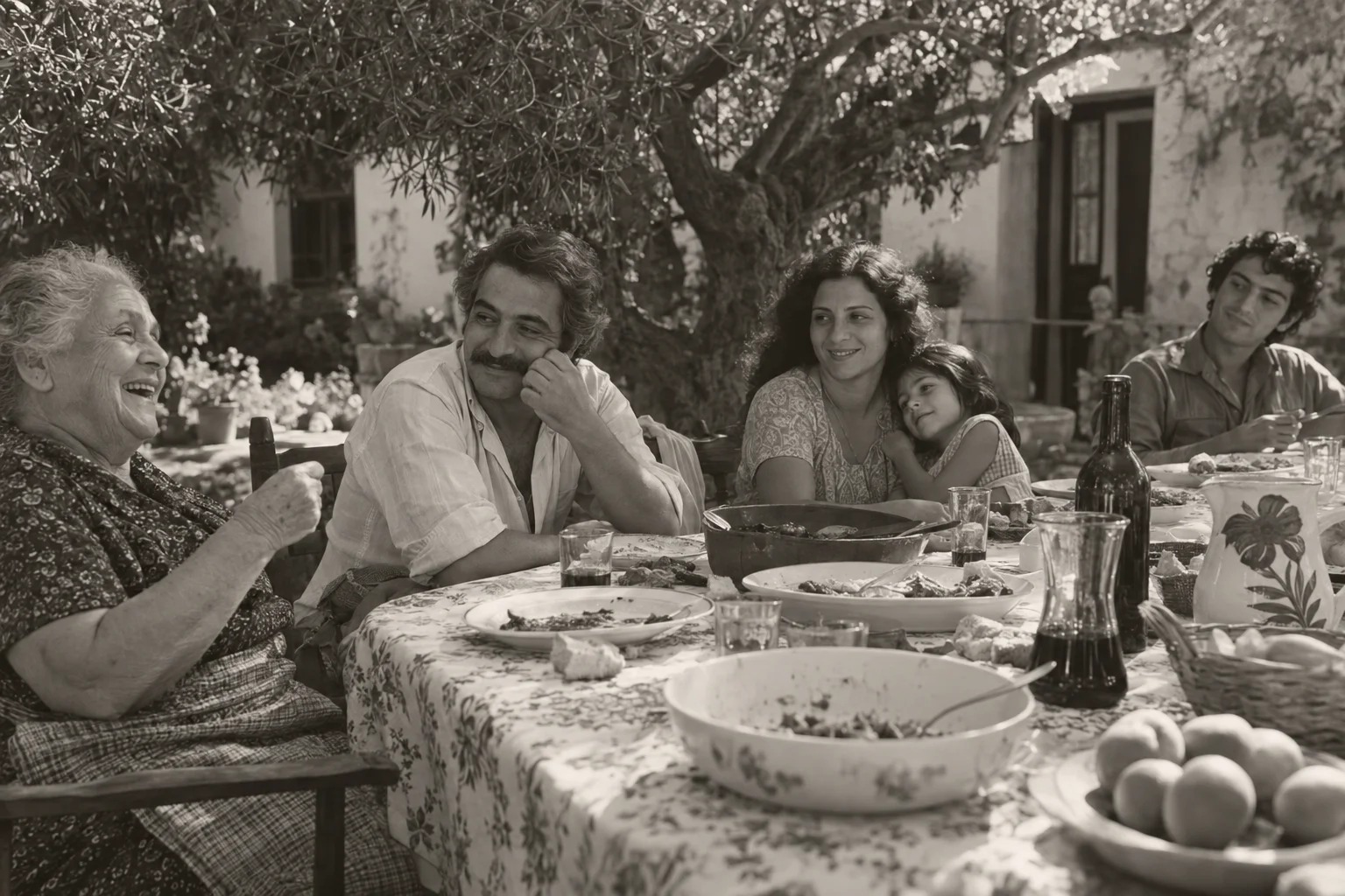 An invented family laughing together around a garden table, in a vintage black-and-white photographic style.